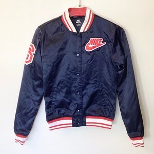 Nike Sportswear Women’s Satin Varsity Destroyer Snap Front Jacket - Navy/Red - S